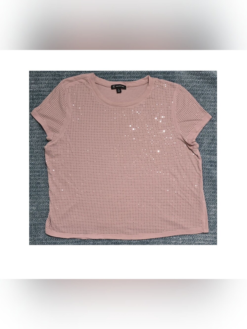 INC International Concepts Blush Pink Short Sleeve Sequin Perforated Tee